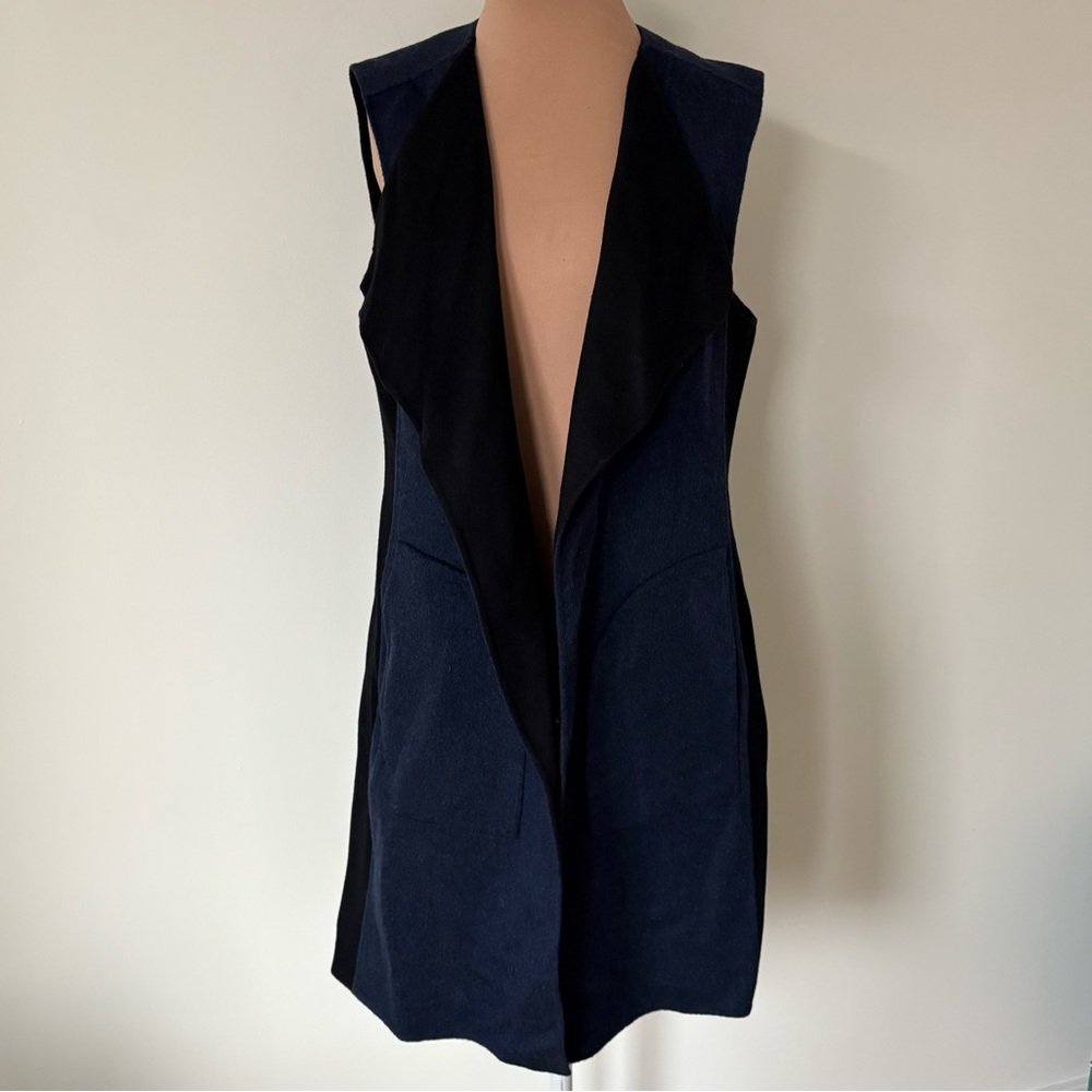 Kinross Cashmere Wool Navy Blue Black Color Block Reversible Long Vest NWOT Sz M